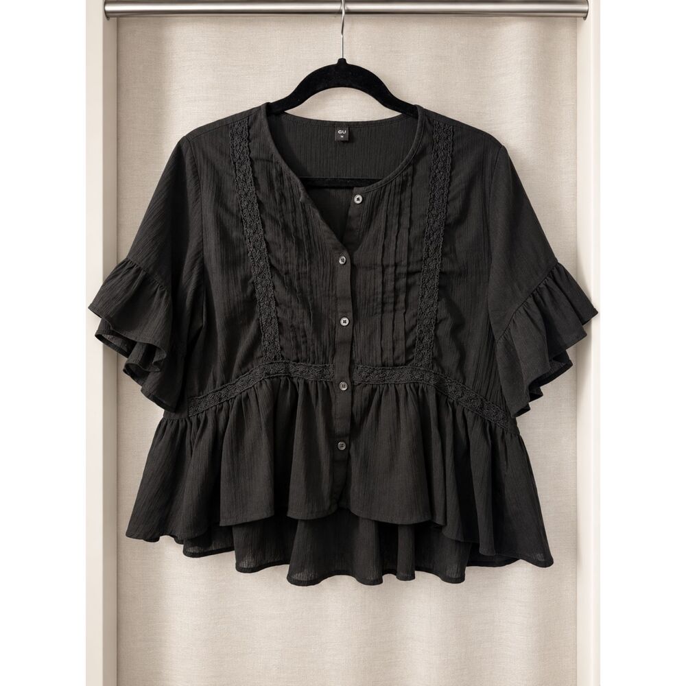 GU Black Ruffle Peplum Blouse M